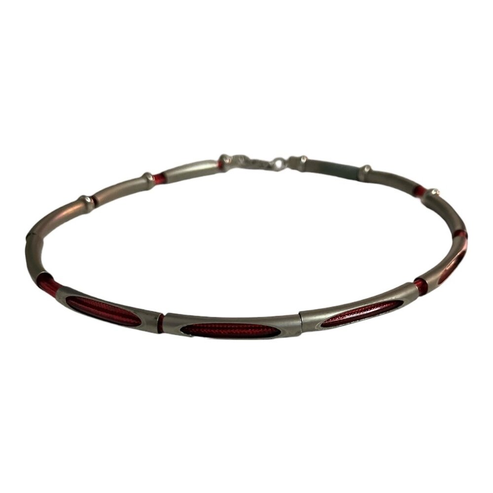 Vintage Cool Jewels Red Cord & Silver Tone Tube Necklace Choker 6”